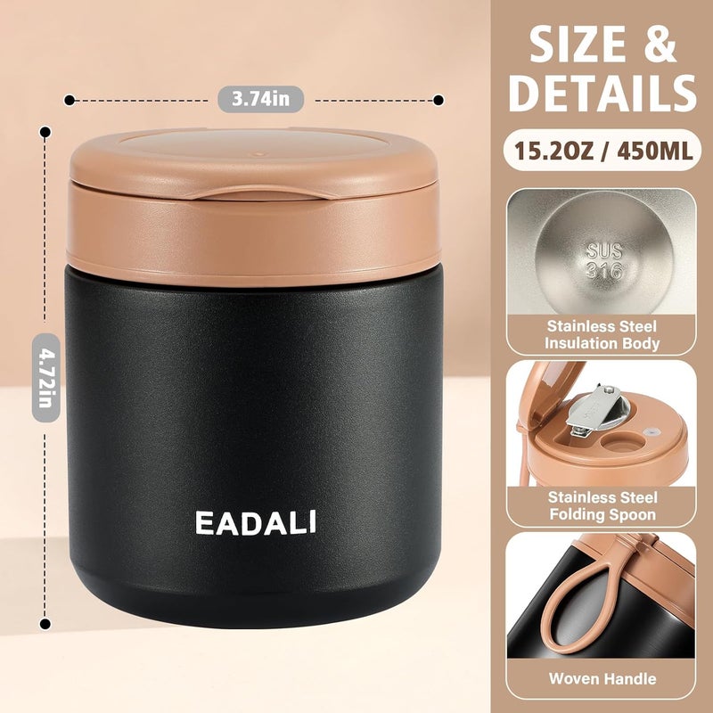 Eadali 15.2 oz Thermo Food Jar for Kids & Adults, Vacuum Insulated Lunch Container 316 Stainless Steel, Hot & Cold Soup Jar with Spoon, BPA Free & Leak Proof - Image 4